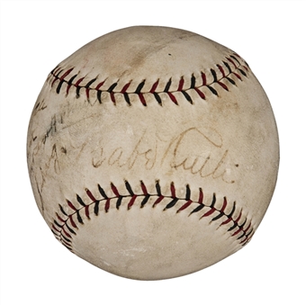 Babe Ruth and Lou Gehrig Dual Signed Official N.L. Baseball (PSA/DNA EX+ 5.5)